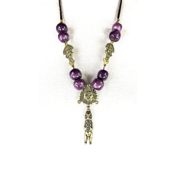 Tribal purple glass beaded gold metal Aztec Mayan style bead necklace - Picture 1 of 5